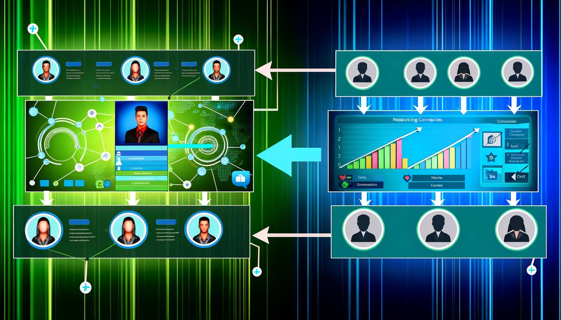 The image displays a split-screen pattern highlighting two separate digital interfaces. On the left partition, the interface of a popular professional