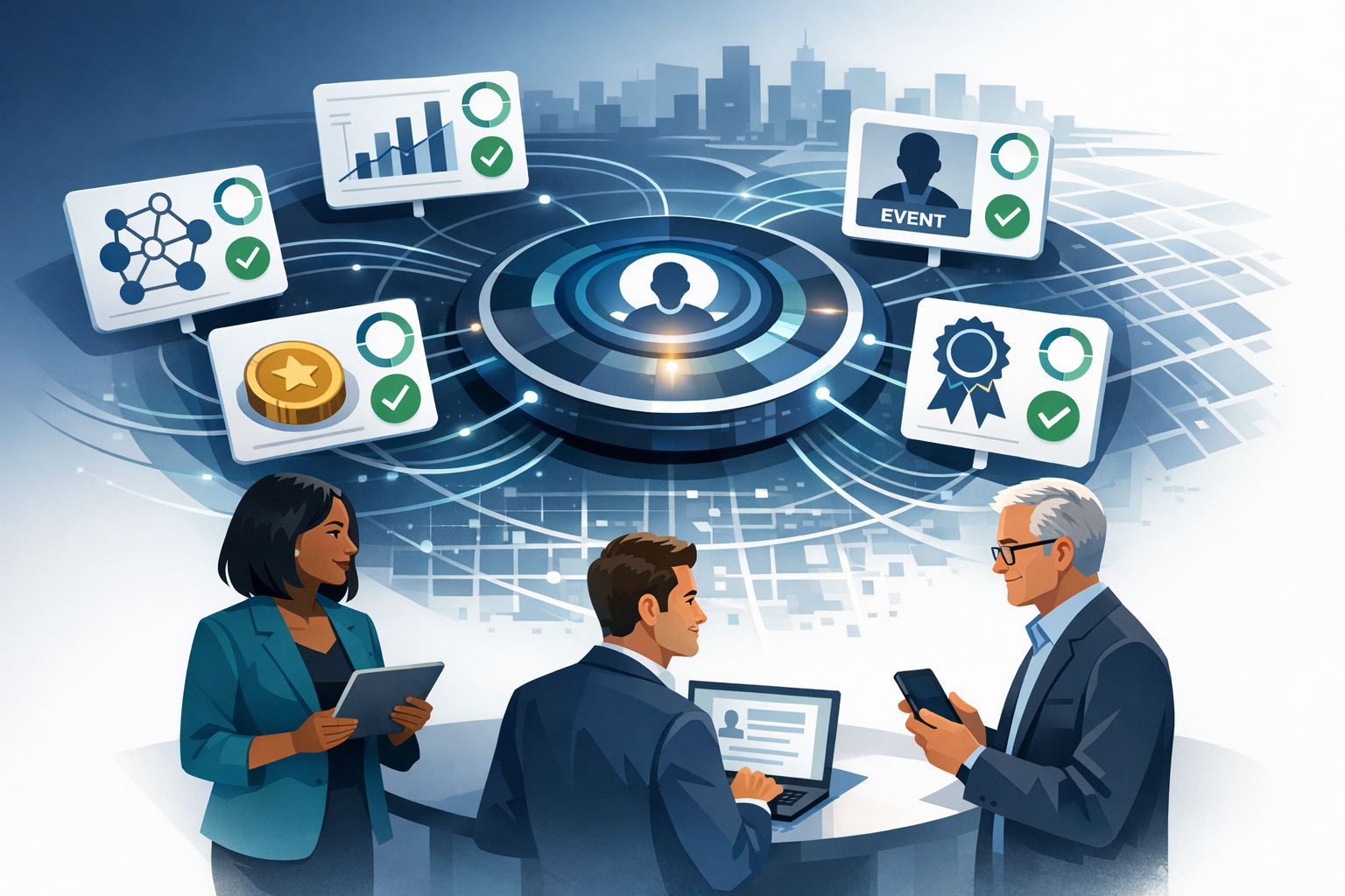 Flat, abstract, vector illustration showing a modern CRM “hub” at center: a circular interface with clean modular cards orbiting it (analytics charts,